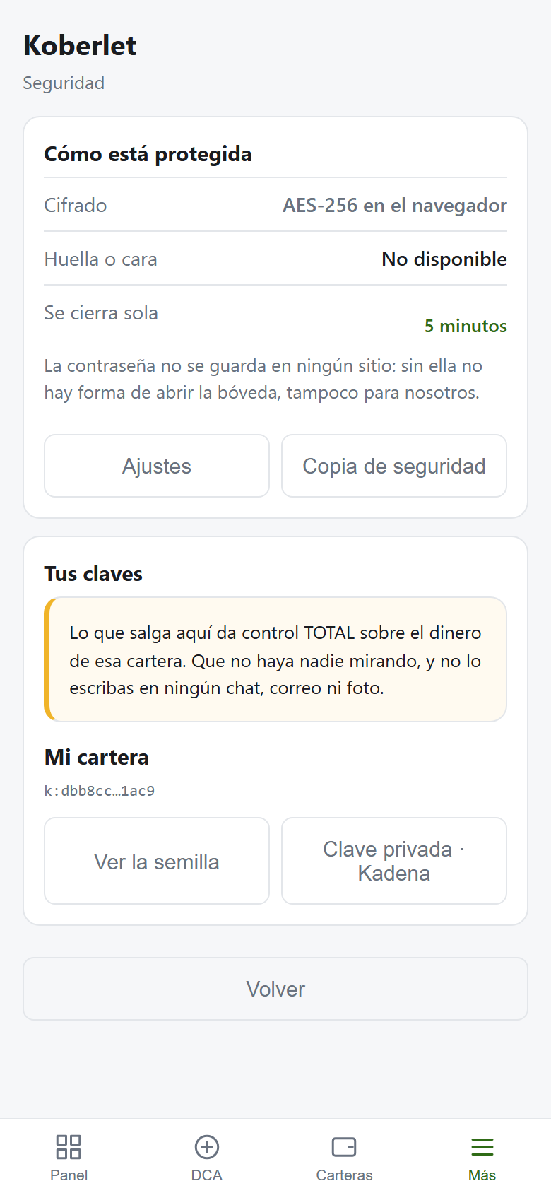 Seguridad: contraseña, huella, copia